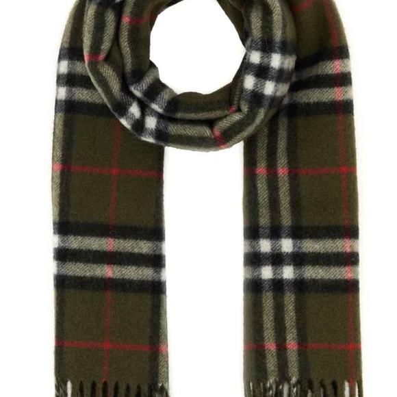 AUTH BURBERRY OLIVE CASHMERE SCARF ๐ GREEN BLACK RED WHITE VINTAGE CHECK PLAID - Picture 7 of 9